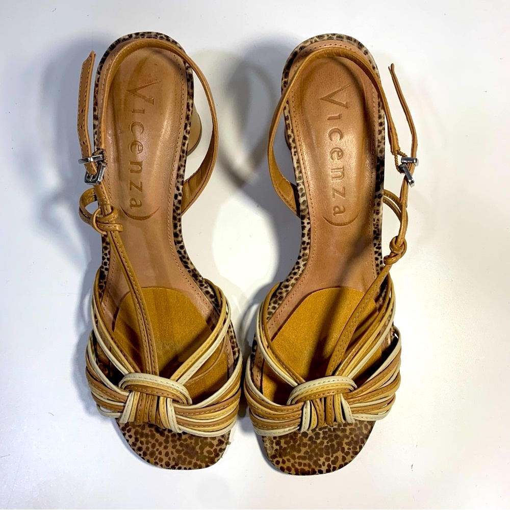 Vicenza Shoes Beige Brown Tan Strappy Knot Platform Leather Cuban Heels Size 8